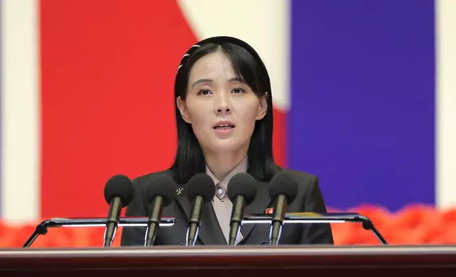 FILE - This photo provided by the North Korean government, Kim Yo Jong, sister of North Korean leader Kim Jong Un, delivers a speech during a national meeting against the coronavirus, in Pyongyang, North Korea, on Aug. 10, 2022. (Korean Central News Agency/Korea News Service via AP, File)