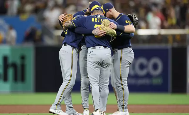 Milwaukee Brewers players celebrate after defeating the San Diego Padres in Game 4 of baseball's National League Division Series Wednesday, Oct. 7, 2026, in San Diego. (AP Photo/Derrick Tuskan)