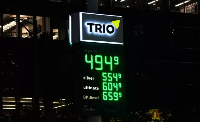 Gas prices are seen at a gas station in Chicago, Wednesday, Oct. 14, 2026. (AP Photo/Nam Y. Huh)