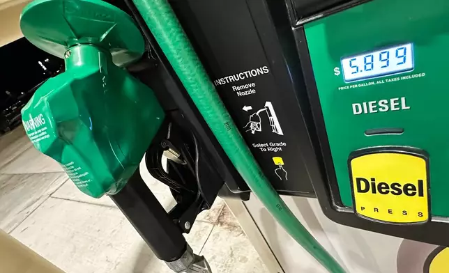 The per-gallon price for diesel fuel is displayed electronically on a pump at a Buc-ee's gasoline station Monday, Oct. 12, 2026, in Johnstown, Colo. (AP Photo/David Zalubowski)