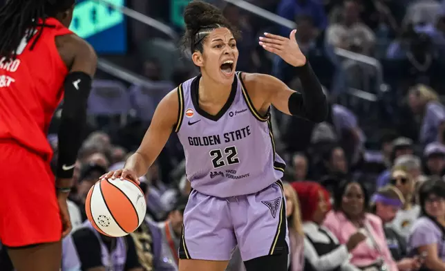 Golden State Valkyries guard Veronica Burton (22) calls a play against the Atlanta Dream during the first half of Game 2 of the WNBA basketball finals, Monday, Oct. 19, 2026, in San Francisco. (AP Photo/Justine Willard)