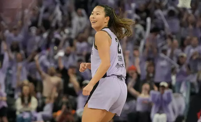 Golden State Valkyries guard Kaitlyn Chen reacts after scoring against the Atlanta Dream during the first half of Game 1 of the WNBA basketball finals, Saturday, Oct. 17, 2026, in San Francisco. (AP Photo/Jeff Chiu)
