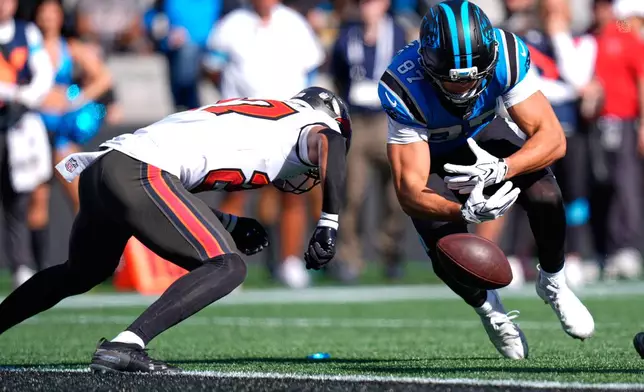 Carolina Panthers' Brycen Tremayne (87) drops the ball in front of Tampa Bay Buccaneers' Zyon McCollum (27) during the second half of an NFL football game in Charlotte, N.C., Sunday, Oct. 25, 2026. (AP Photo/Erik Verduzco)