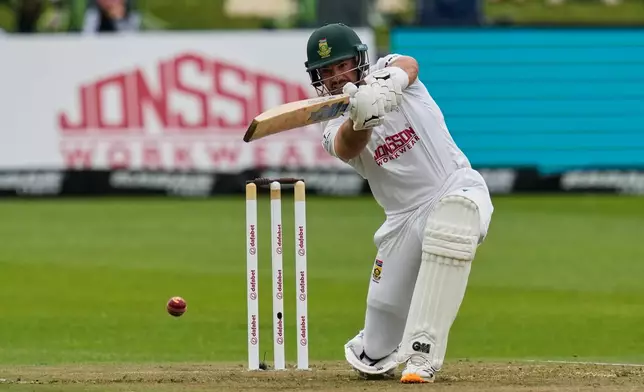 South Africa's Aiden Markram plays a shot on day one of the second cricket test match between South Africa and Australia, in Gqeberha, South Africa, Sunday, Oct. 18, 2026. (AP Photo/ Themba Hadebe)