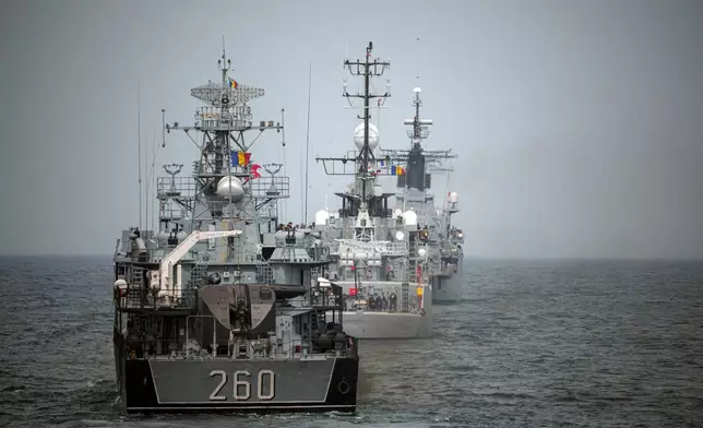 FILE - Romanian warships sail during a Romanian Navy led exercise outside Constanta, Romania, on April 16, 2024. (AP Photo/Andreea Alexandru, File)