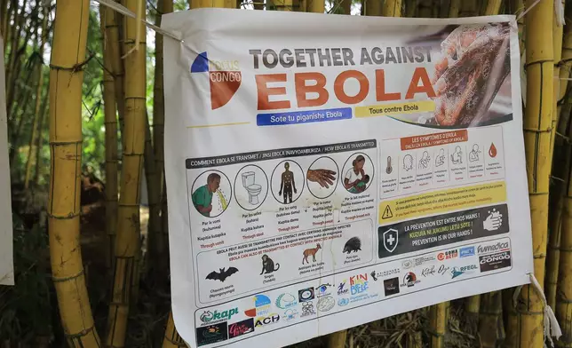 A banner raising awareness against Ebola virus in Beni Territory of North Kivu, eastern Congo, Saturday, Oct. 24, 2026. (AP Photo/Sebastien Kitsa Musayi)