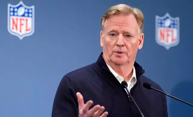 NFL commissioner Roger Goodell speaks during a news conference at the NFL owners' meetings Wednesday, Oct. 21, 2026, in New York. (AP Photo/Yuki Iwamura)