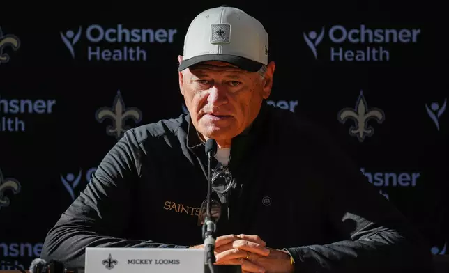 Executive Vice President and General Manager of the New Orleans Saints Mickey Loomis speaks during a press conference after an NFL football practice session in Versailles near Paris, Wednesday, Oct. 21, 2026. (AP Photo/Aurelien Morissard)