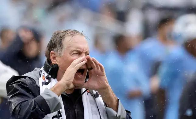 North Carolina head coach Bill Belichick directs the team against Notre Dame during the second half of an NCAA college football game, Saturday, Oct. 3, 2026, in Chapel Hill, N.C. (AP Photo/Chris Seward)