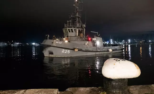 Emergency rescue tug of Bulgarian Navy's - Mizar transport the four of saved sailors from the drone-attacked and sunk ship HS Dignity to port of Varna, Bulgaria, late Tuesday, Oct. 13, 2026. (Moreto.net via AP)