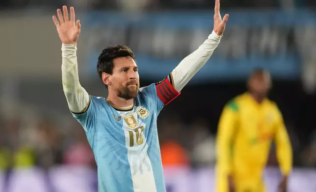Argentina's Lionel Messi celebrates after scoring his side’s third goal from the penalty spot during his final match for the national team, a soccer friendly against Benin, in Buenos Aires, Argentina, Tuesday, Oct.6, 2026. (AP/Photo/Gustavo Garello)