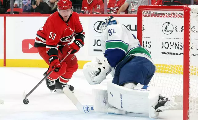 Carolina Hurricanes' Jackson Blake (53) attempts to shoot the puck past Vancouver Canucks goaltender Kevin Lankinen (32) during the second period of an NHL hockey game in Raleigh, N.C., Thursday, Oct. 8, 2026. (AP Photo/Karl DeBlaker)