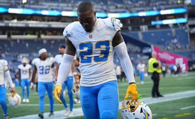 Los Angeles Chargers safety Tony Jefferson (23) walks off the field after an NFL football game against the Seattle Seahawks, Sunday, Oct. 4, 2026, in Seattle. (AP Photo/Lindsey Wasson)