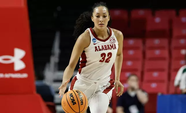 FILE - Alabama guard Aaliyah Nye brings the ball up court during the first half in the first round of the NCAA college basketball tournament against Green Bay in College Park, Md., March 22, 2025. (AP Photo/Terrance Williams, File)