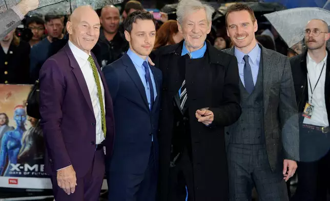 FILE - Patrick Stewart, from left, James McAvoy, Ian McKellen and Michael Fassbender appear at the UK Premiere of "X-Men: Days Of Future Past" at a central London cinema, Monday, May 12, 2014. (Photo by Jonathan Short/Invision/AP, File)