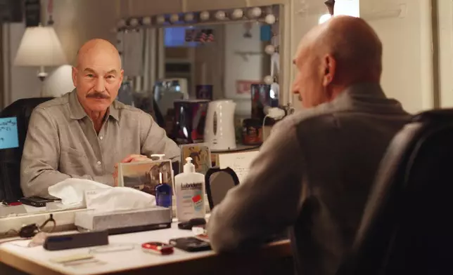 FILE - Patrick Stewart poses in his dressing room at the Lyceum Theater in New York on Tuesday, April 1, 2008, where he is starring in a production of "Macbeth." (AP Photo/Rick Maiman, File)