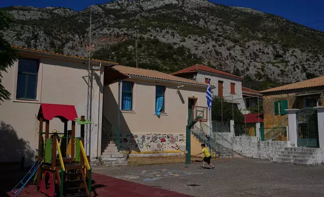 Gerasimos Mitsopoulos, 11, one of two students at Kalamos Primary School, plays basketball at the school on the island of Kalamos in the Ionian Sea, western Greece, Wednesday, Sept. 23, 2026. (AP Photo/Petros Giannakouris)