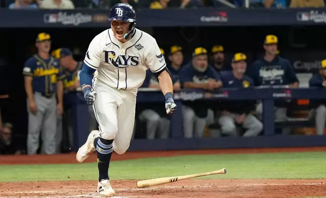 Tampa Bay Rays' Ben Williamson celebrates the game winning hit during the 12th inning of Game 4 of baseball's World Series, Wednesday, Oct. 28, 2026, in St. Petersburg, Fla., between the Milwaukee Brewers and the Tampa Bay Rays. (AP Photo/Ashley Landis)
