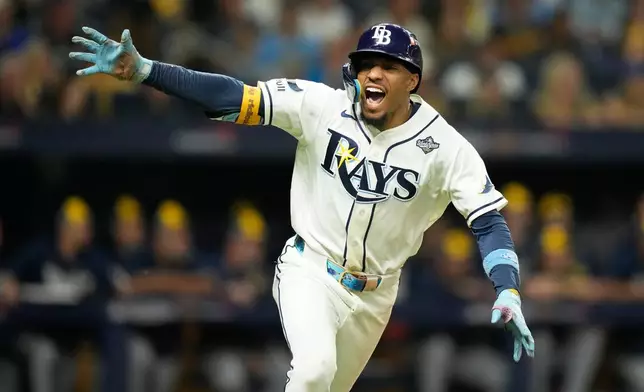Tampa Bay Rays' Chandler Simpson celebrates during the 12th inning of Game 4 of baseball's World Series, Wednesday, Oct. 28, 2026, in St. Petersburg, Fla., between the Milwaukee Brewers and the Tampa Bay Rays. (AP Photo/Ashley Landis)