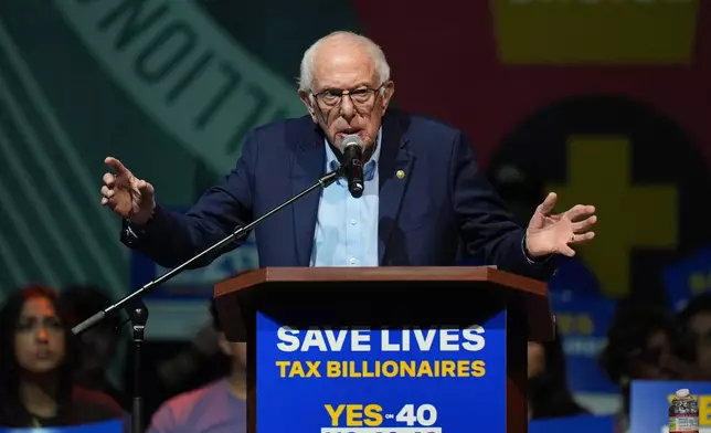 Sen. Bernie Sanders, I-Vt., speaks during a campaign rally in support of California Proposition 40, known as the billionaire tax, in Los Angeles, Monday, Oct. 5, 2026. (AP Photo/Jae C. Hong)