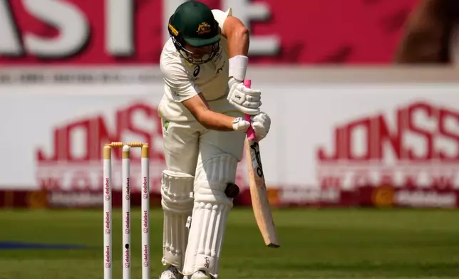 Australia's Marnus Labuschagne misplays a delivery on day one of the first cricket test match between South Africa and Australia, in Durban, South Africa, Friday, Oct. 9, 2026. (AP Photo/Themba Hadebe)