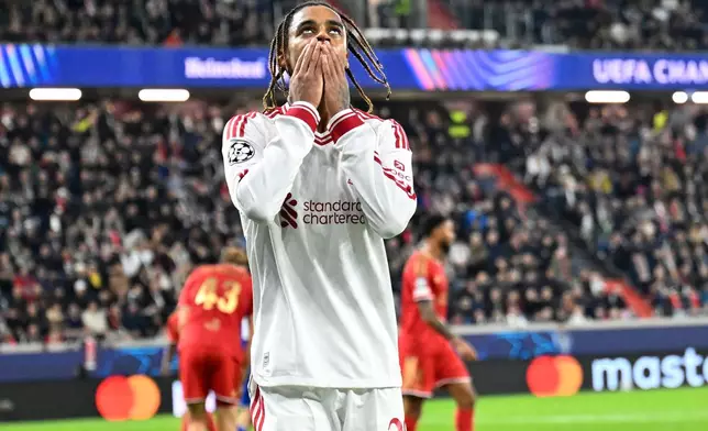 Liverpool's Bradley Barcola, celebrates after scoring his side's third goal during the Champions League opening phase soccer match between LASK and Liverpool in Linz, Austria, Wednesday, Oct. 14, 2026. (AP Photo/Denes Erdos)