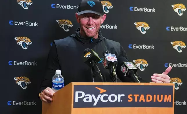 Jacksonville Jaguars head coach Liam Coen speaks during a press conference following an NFL football game against the Cincinnati Bengals in Cincinnati, Sunday, Oct. 4, 2026. (AP Photo/Joshua A. Bickel)