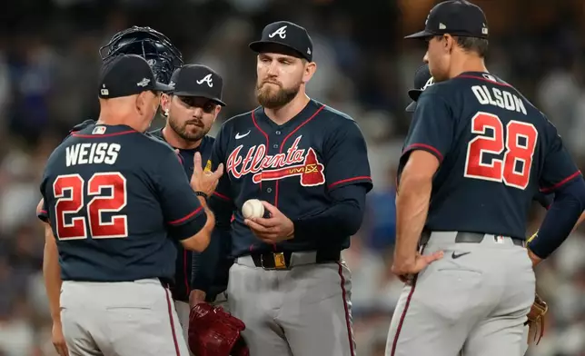 Atlanta Braves manager Walt Weiss (22) gets the ball from pitcher Dylan Lee as Lee exits during the fifth inning of Game 2 of a National League Division Series baseball game against the Los Angeles Dodgers Sunday, Oct. 4, 2026, in Los Angeles. (AP Photo/Mark J. Terrill)