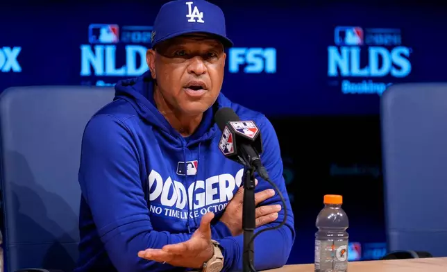 Los Angeles Dodgers manager Dave Roberts speaks during a news conference ahead of a baseball NL Division Series Friday, Oct. 2, 2026, in Los Angeles. (AP Photo/Mark J. Terrill)