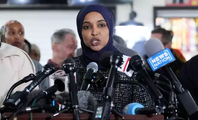 FILE - Rep. Ilhan Omar, D-Minn., speaks during a news conference on Jan. 28, 2026, in Minneapolis. (AP Photo/Adam Gray, File)