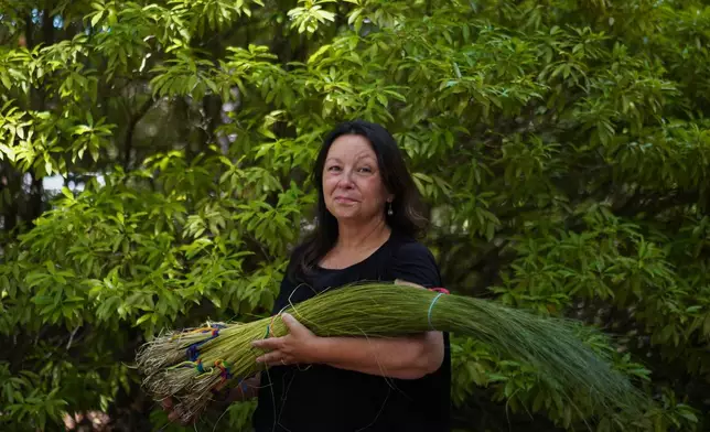 Jennifer Neptune, citizen of the Penobscot Nation, holds a bundle of sweetgrass, known in Wabanaki creation stories as the hair of Mother Earth, at the Dawnland Festival in Bar Harbor, Maine, on Saturday, July 11, 2026. (AP Photo/Jessie Wardarski)