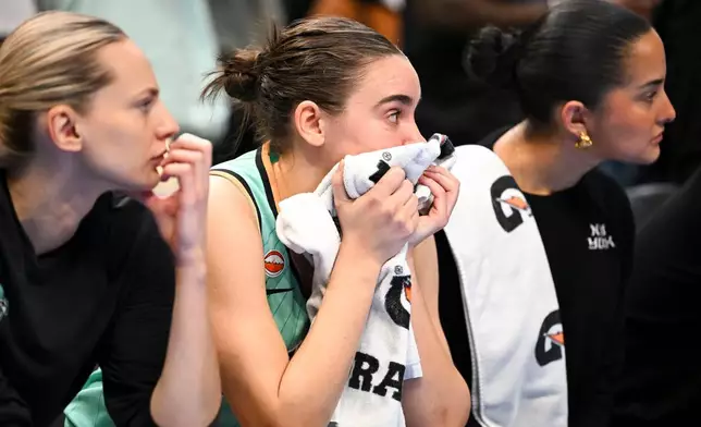 New York Liberty guard Pauline Astier (18) watches during the second half in Game 2 of the WNBA basketball semifinals against Atlanta Dream, Wednesday, Oct. 7, 2026, in Atlanta. (AP Photo/Daniel Varnado)