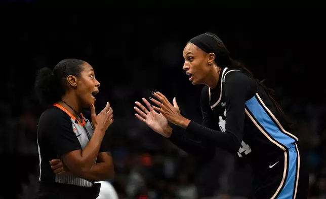Atlanta Dream forward DeWanna Bonner (24) reacts to referees call during the second half in Game 2 of the WNBA basketball semifinals, Wednesday, Oct. 7, 2026, in Atlanta. (AP Photo/Daniel Varnado)