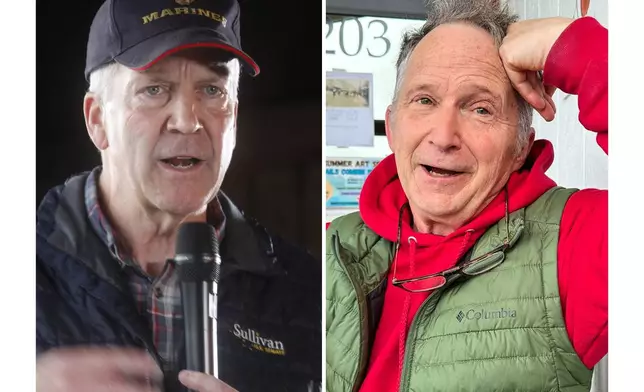 FILE - This combination photo shows Sen. Dan Sullivan, R-Alaska, left, in Palmer, Alaska, Aug. 17, 2026, and a candidate in Alaska's Senate race, Dan Sullivan, right, in Petersburg, Alaska, July 3, 2026. (AP Photos/Mark Thiessen/Becky Bohrer, File)