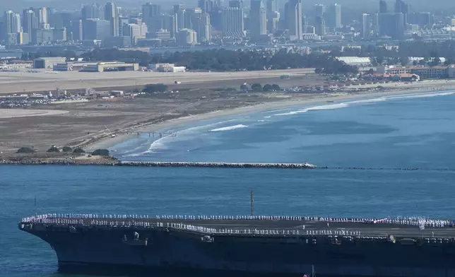 The USS Abraham Lincoln aircraft carrier returns to the San Diego Bay after deployment Thursday, Oct. 8, 2026, in San Diego. (AP Photo/Jae C. Hong)