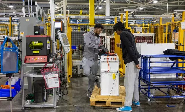 Derek Cheatom, left, a production supervisor, checks a unit for loose wires inside Viridi's battery system manufacturing plant in Buffalo, N.Y., Thursday, Oct. 15, 2026. (AP Photo/Lauren Petracca)