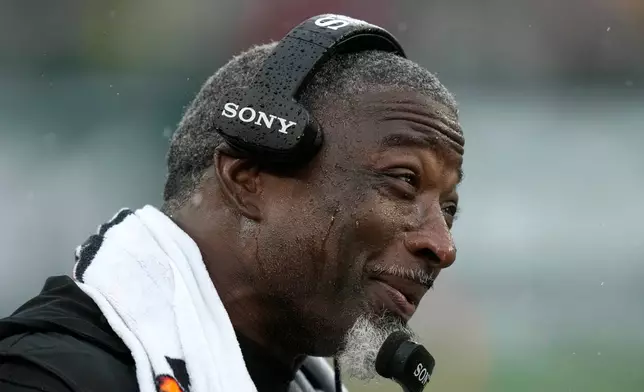 New York Jets head coach Aaron Glenn reacts to a call during the first half of an NFL football game against the Cleveland Browns, Sunday, Oct. 11, 2026, in East Rutherford, N.J. (AP Photo/Seth Wenig)