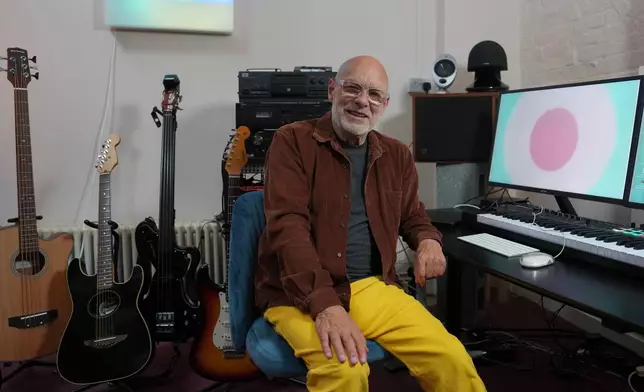 Brian Eno poses for a photograph during an interview in London, Tuesday, Sept. 29, 2026. (AP Photo/Kin Cheung)