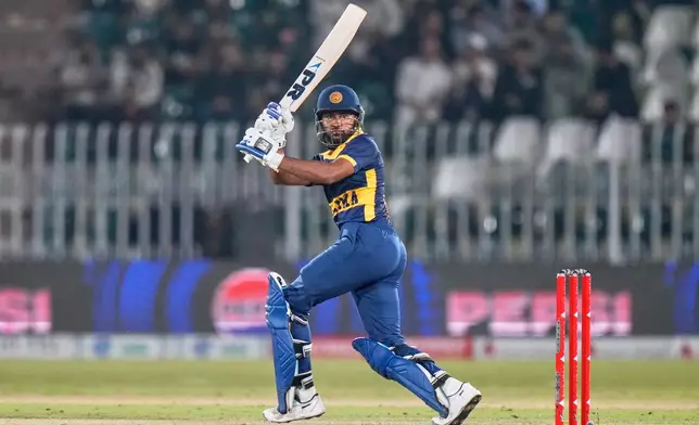 Sri Lanka's Pavan Rathnayake bats during the tri-series one-day international cricket match between Sri Lanka and England, in Rawalpindi, Pakistan, Thursday, Oct. 22, 2026. (AP Photo/Anjum Naveed)