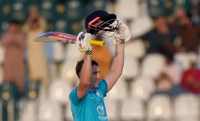 England's Harry Brook celebrates after scoring double century during the tri-series one-day international cricket match between Sri Lanka and England, in Rawalpindi, Pakistan, Thursday, Oct. 22, 2026. (AP Photo/Anjum Naveed)