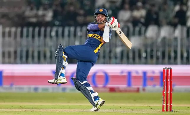 Sri Lanka's Dasun Shanaka bats during the tri-series one-day international cricket match between Sri Lanka and England, in Rawalpindi, Pakistan, Thursday, Oct. 22, 2026. (AP Photo/Anjum Naveed)