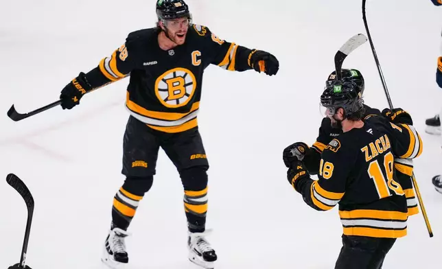 Boston Bruins' David Pastrnak, left, celebrates after a goal by Elias Lindholm off Nashville Predators goalie Justus Annunen during the first period of an NHL hockey game, Thursday, Oct. 22, 2026, in Boston. (AP Photo/Charles Krupa)