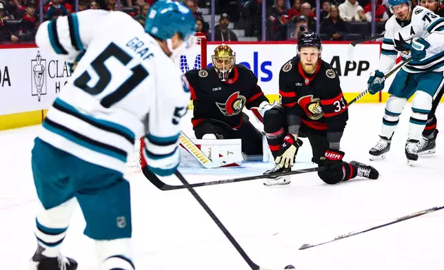 Ottawa Senators' Nikolas Matinpalo (33) looks to block a shot from San Jose Sharks' Collin Graf (51) during first period NHL action in Ottawa, on Thursday, Oct. 22, 2026. (Keito Newman/The Canadian Press via AP)