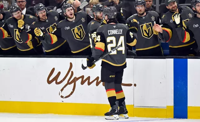 Vegas Golden Knights left wing Trevor Connelly (24) celebrates after his goal against the Los Angeles Kings during the second period of an NHL hockey game Saturday, Oct. 10, 2026, in Las Vegas. (AP Photo/David Becker)