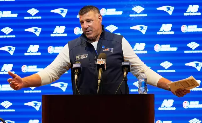 New England Patriots head coach Mike Vrabel speaks during a news conference after an NFL football game New York Jets in Foxborough, Mass., Sunday, Oct. 18, 2026. (AP Photo/Charles Krupa)