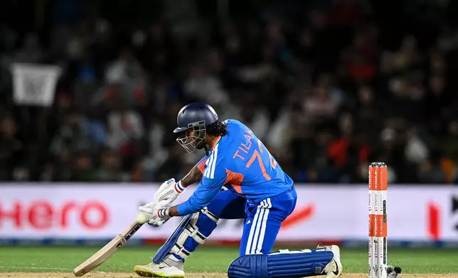 India's Tilak Varma bats during the second T20 cricket international between New Zealand and India in Christchurch, New Zealand, Saturday, Oct. 24, 2026. (John Davidson/Photosport via AP)