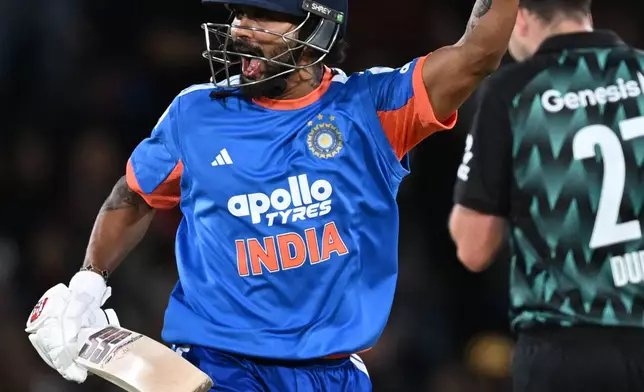 India's Nitish Kumar Reddy celebrates after winning the second T20 cricket international between New Zealand and India in Christchurch, New Zealand, Saturday, Oct. 24, 2026. (Andrew Cornaga/Photosport via AP)