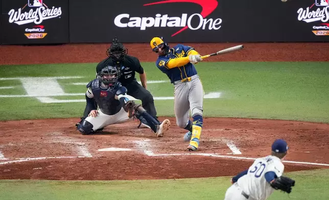Milwaukee Brewers catcher William Contreras follows through on an RBI double off Tampa Bay Rays pitcher Garrett Cleavinger during the sixth inning of Game 5 of baseball's World Series, Wednesday, Oct. 28, 2026, in St. Petersburg, Fla., between the Milwaukee Brewers and the Tampa Bay Rays. (AP Photo/Morry Gash)