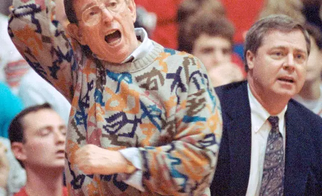 FILE - Lou Carnesecca coaches his St. John's team from the sidelines during their game against Niagara in New York, on Nov. 23, 1991. (AP Photo/Mark Lennihan, File)