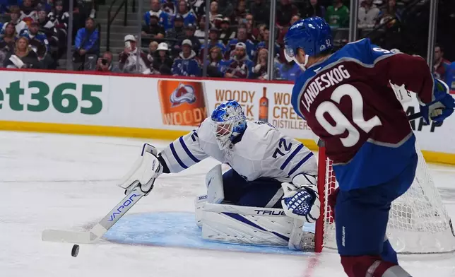 Toronto Maple Leafs goaltender Sergei Bobrovsky, left, makes a stick-save of a shot by Colorado Avalanche left wing Gabriel Landeskog, right, in the first period of an NHL hockey game Saturday, Oct. 10, 2026, in Denver. (AP Photo/David Zalubowski)